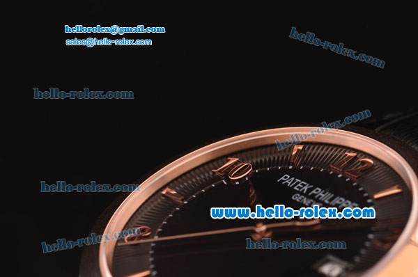 Patek Philippe Calatrava Swiss ETA 2824 Automatic Rose Gold Case with Black Leather Strap Black Dial Numeral/Stick Markers - Click Image to Close